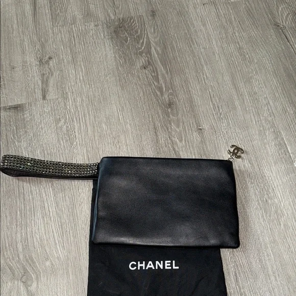 RARE CHANEL Leather Woven Strass Black Checkered Clutch Wristlet Vintage Evening - Picture 7 of 13